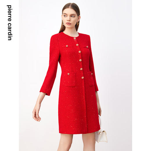 皮尔卡丹女装连衣裙法式复古亮红小香风高级感A字裙P3424E2809R0 商品图3