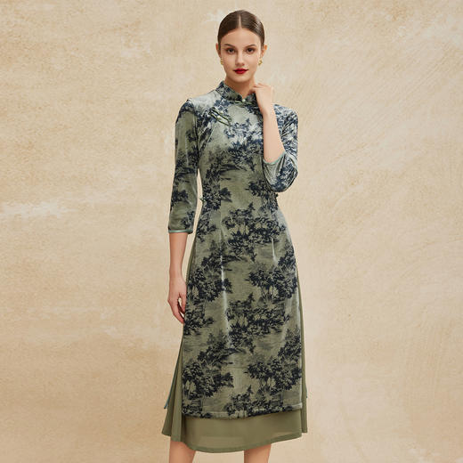 PH806斯尔丽24新款改良版丝绒印花旗袍高开叉拼飘逸雪纺气质高雅连衣裙 商品图2