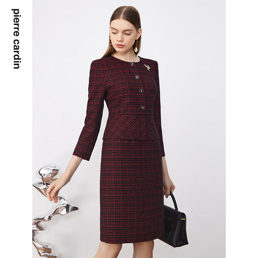 皮尔卡丹女装连衣裙冬季新款红色小香风拼接假两件裙P3446E3947R3
 商品图3