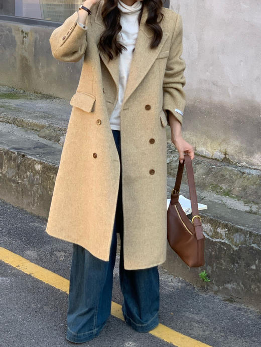 【YW】无忧购韩版人字纹西装领双排扣过膝长款正肩双面羊毛大衣外套9818（截单后7天发货)25年清仓捡漏 商品图0