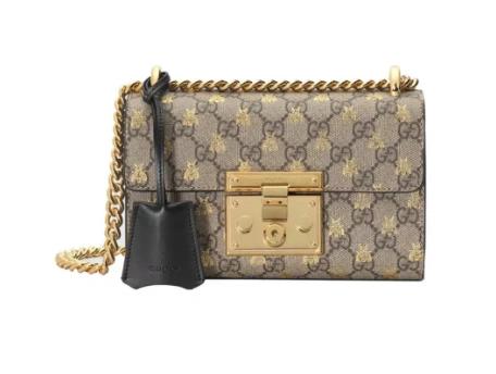 GUCCl古驰 Padlock 金属锁头蜜蜂印花考花Logo帆布拼皮 锁扣包盒子包链条斜挎单肩包 小号女款乌木色 商品图0