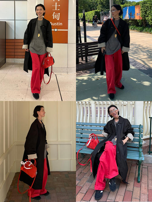 HIDEMI 复古红阔腿宽松中腰牛仔裤长裤 商品图2