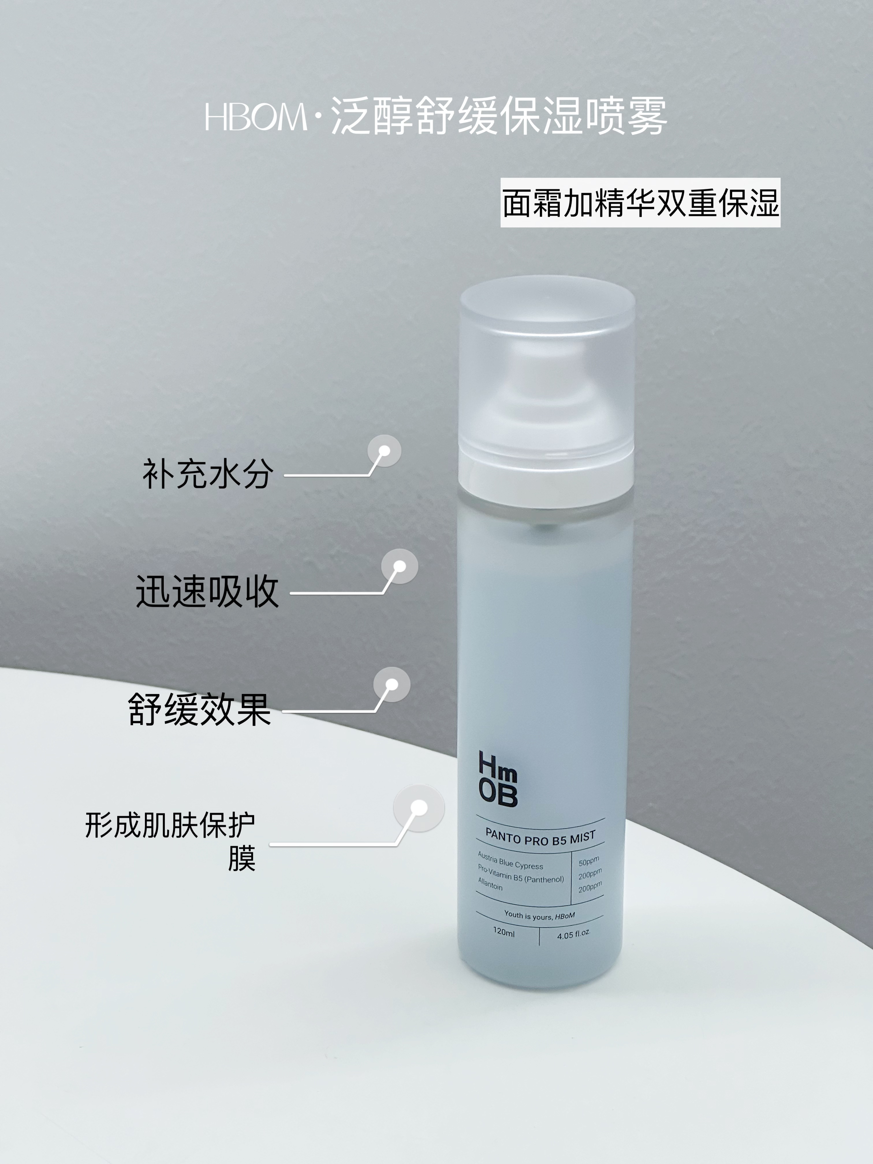 包首重！HBOM艾柏梦泛醇保湿喷雾120ml送面霜小样1