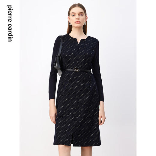 皮尔卡丹女装连衣裙藏蓝色长袖中长款稳重气质裙子P3430E3880N0
 商品图0