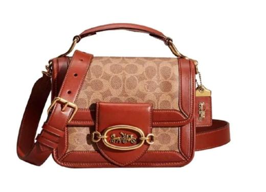 COACH 蔻驰 Hero 22 经典老花帆布配皮拼色马车扣顶部手柄翻盖手提单肩斜挎包 小号 女款 棕红老花色 商品图0