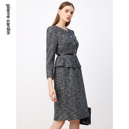 皮尔卡丹女装连衣裙法式香风千鸟格通勤修身连衣裙P3426E3945B3
 商品图3