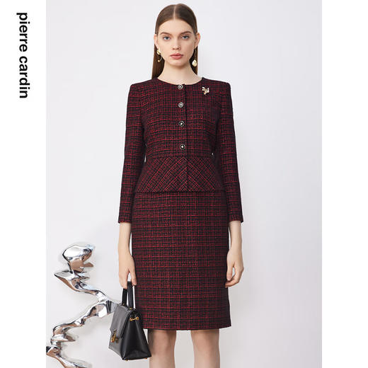 皮尔卡丹女装连衣裙冬季新款红色小香风拼接假两件裙P3446E3947R3
 商品图0