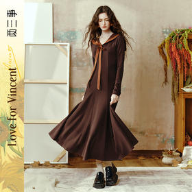 两三事梵高文艺 呢喃鸢语 2024冬季新款印花海军领打底连衣裙长裙