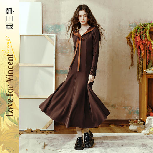 两三事梵高文艺 呢喃鸢语 2024冬季新款印花海军领打底连衣裙长裙 商品图0