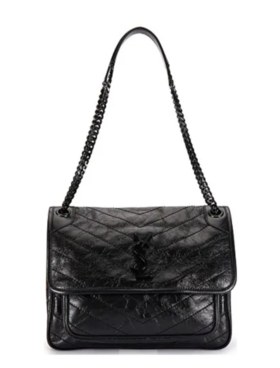 SAINT LAURENT圣罗兰 YSL Niki黑链黑标Logo复古褶皱 皮革 流浪包斜挎单肩包 中号 女款 黑色
