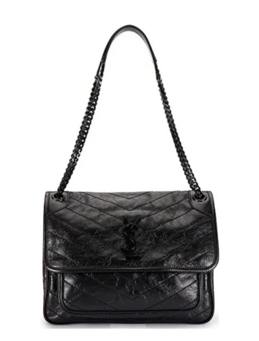 SAINT LAURENT圣罗兰 YSL Niki黑链黑标Logo复古褶皱 皮革 流浪包斜挎单肩包 中号 女款 黑色 商品图0