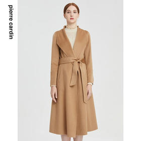 皮尔卡丹女装毛呢外套秋冬高级感驼色长款系带收腰大衣P1487C1931
