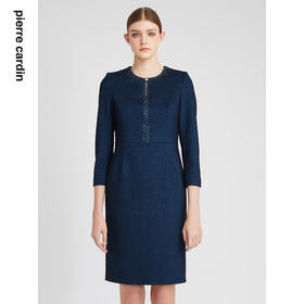 皮尔卡丹女装连衣裙法式圆领秋冬优雅蓝色通勤一步裙P2400E2861L0
