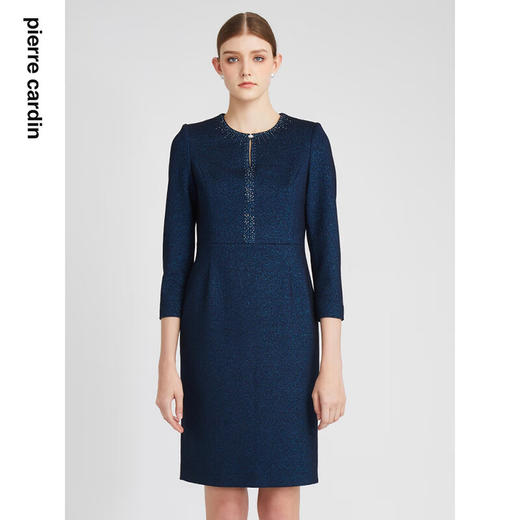 皮尔卡丹女装连衣裙法式圆领秋冬优雅蓝色通勤一步裙P2400E2861L0
 商品图0
