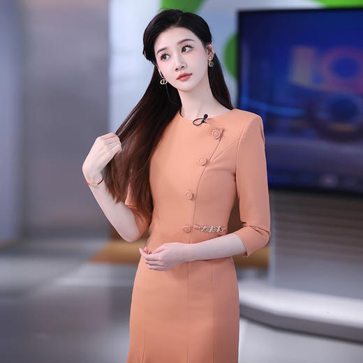 IWY/橘色气质收腰鱼尾裙正装女2024七分袖上镜主持职业长裙连衣Q1180 商品图3