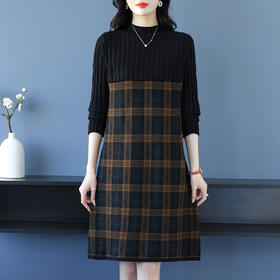 CC-16-9209半高领加厚女套头拼接格子宽松打底衫秋冬季中长款大码连衣裙