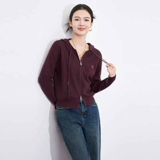 【高货wl】全新升级【铂金会员183/天猫239/差价56】(14141) 洛诗琳气质通勤翻领连帽针织开衫撞色抽绳双头拉链外套 商品图0