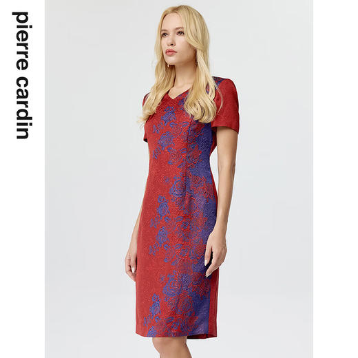 皮尔卡丹女装连衣裙夏季红色短袖蓝色印花法式复古裙P3218D3126X0
 商品图1
