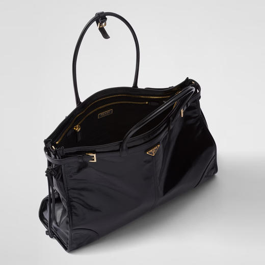 PRADA 普拉达 女士珐琅金属三角形徽标特大号皮革手提包 黑色 1BA439 2CYR F0002 OOO 商品图1