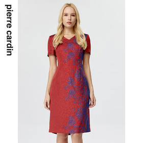 皮尔卡丹女装连衣裙夏季红色短袖蓝色印花法式复古裙P3218D3126X0
