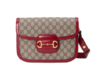 GUCCI古驰 Horsebit 1955 系列 复古金扣老花Lo9o 帆布拼皮革 马鞍包单肩斜挎包 小号 女款 乌木色/红色 商品缩略图0