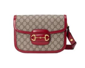 GUCCI古驰 Horsebit 1955 系列 复古金扣老花Lo9o 帆布拼皮革 马鞍包单肩斜挎包 小号 女款 乌木色/红色