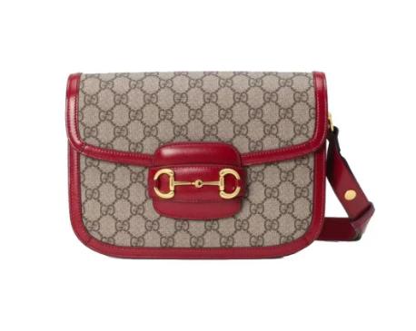 GUCCI古驰 Horsebit 1955 系列 复古金扣老花Lo9o 帆布拼皮革 马鞍包单肩斜挎包 小号 女款 乌木色/红色 商品图0