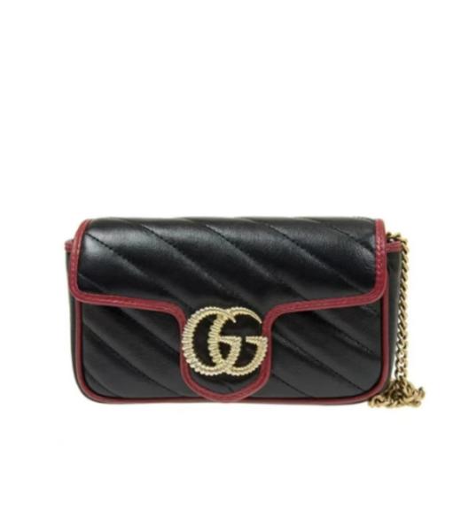 GUCCI古驰 Marmont马蒙金标Logo拼色滚边链条绗缝 羊皮 单肩斜挎包超迷你 女款 黑色/红色 商品图0