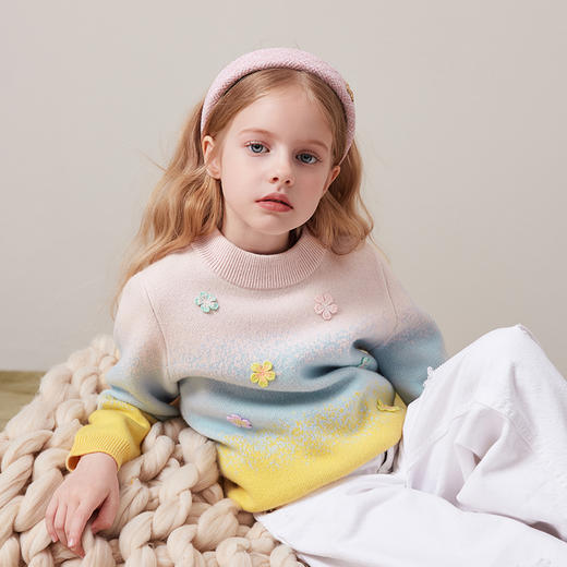 mettekids儿童100%羊绒衫2024秋冬新款女童彩色渐变套头针织毛衣 商品图2