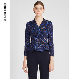 皮尔卡丹女装衬衫时尚优雅蓝花色羊毛外穿内搭上衣P2428B2975L3
