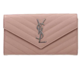 SAINT LAURENT圣罗兰 YSL 银标Logo 粒面压花绗缝 皮革 钱包 女款