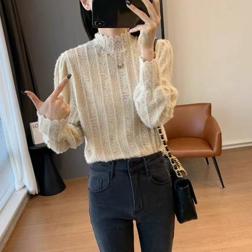 名媛美半高领花瓣打底衫 小灯笼荷叶袖美妙衫 商品图4