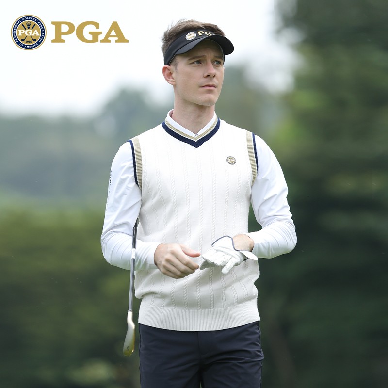 美国PGA 秋冬款高尔夫男装毛衣男士背心羊毛面料保暖马甲服装