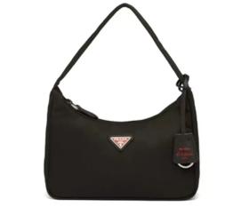 PRADA普拉达 Hobo系列 红色金属三角标 尼龙腋下手提单肩包 女款黑色