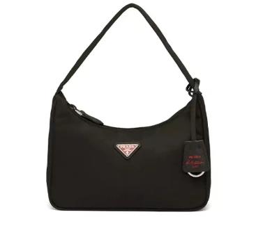 PRADA普拉达 Hobo系列 红色金属三角标 尼龙腋下手提单肩包 女款黑色 商品图0