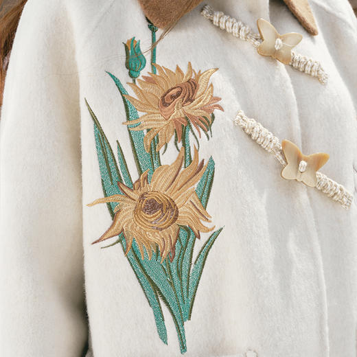 两三事梵高文艺向日柔情2024冬季新款绣花蝴蝶牛角扣毛呢外套女 商品图2