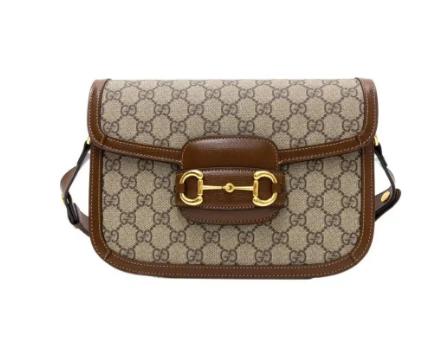 GUCCI古驰 Horsebit 1955 老花Logo 帆布拼皮革 马鞍包手提斜挎单肩包, 小号 男女同款 乌木色/棕色 商品图0