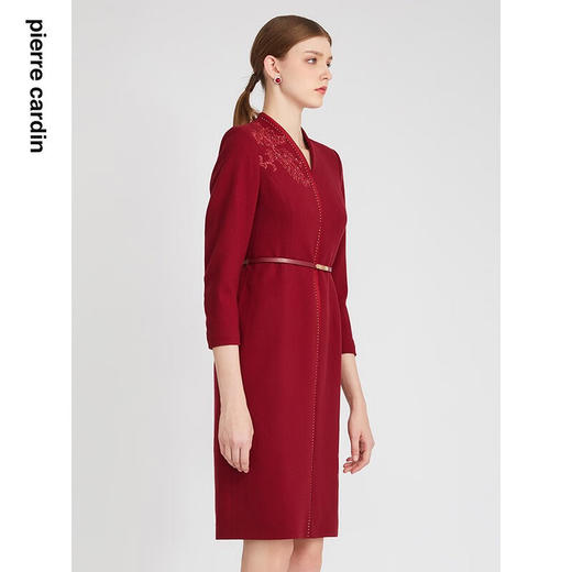 皮尔卡丹女装连衣裙红色七分袖修身羊毛场合一步裙P2318E2922T2 商品图1