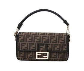 FENDI芬迪 Baguette 金扣老花Logo拼色滚边FF图案 织物 法棍包手提单肩斜挎包 中号 女款 棕色