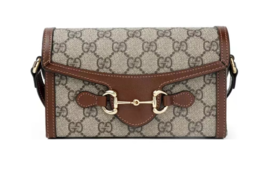 GUCCl古驰 Horsebit 1955 马衔扣老花Logo 帆布拼皮革 盒子包单肩斜挎包 迷你男女同款 棕色/乌木色