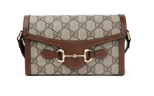 GUCCl古驰 Horsebit 1955 马衔扣老花Logo 帆布拼皮革 盒子包单肩斜挎包 迷你男女同款 棕色/乌木色 商品图0