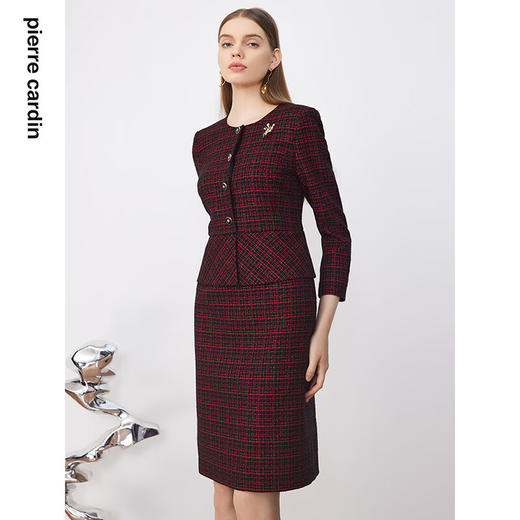 皮尔卡丹女装连衣裙冬季新款红色小香风拼接假两件裙P3446E3947R3
 商品图4