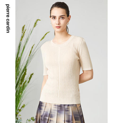 皮尔卡丹女装针织衫法式短袖米色百搭通勤套头针织衫P3199K3114M0
 商品图1