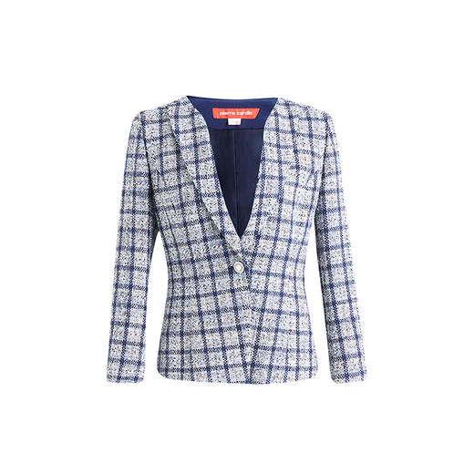 皮尔卡丹女装短外套蓝色格子一粒扣西服式春秋女上衣P3111U3059L3
 商品图4