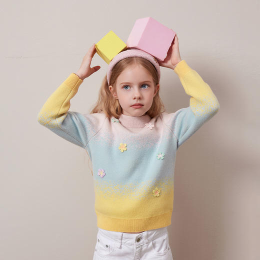 mettekids儿童100%羊绒衫2024秋冬新款女童彩色渐变套头针织毛衣 商品图3