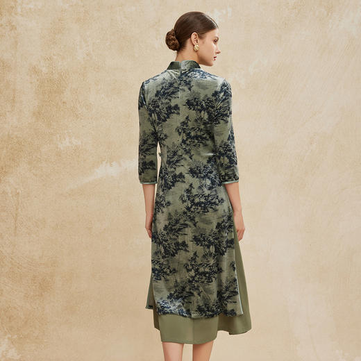 PH806斯尔丽24新款改良版丝绒印花旗袍高开叉拼飘逸雪纺气质高雅连衣裙 商品图1