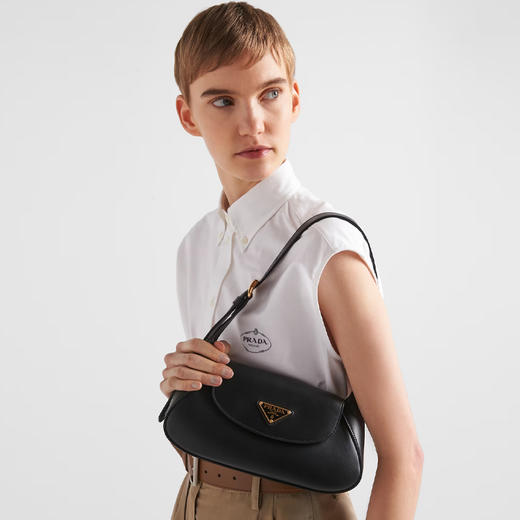 PRADA 普拉达 女士珐琅金属三角形徽标小号皮革单肩包 黑色 1BD358 2AIX F0002 OOO 商品图3