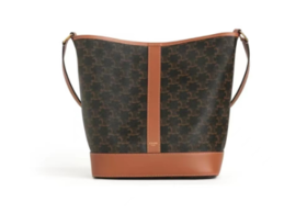 CELINE赛琳 Triomphe凯旋门经典老花满印 帆布拼小牛皮 水桶包单肩斜挎包 中号 女款 黄褐色