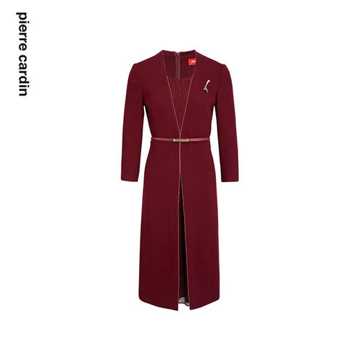 皮尔卡丹女装连衣裙红色收腰显瘦假两件商务羊毛裙P2318E2969T0 商品图4