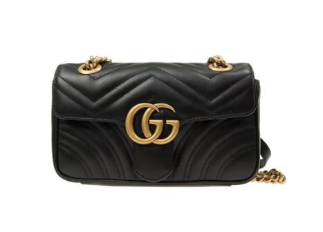 GUCCl古驰 GG Marmont系列 金色复古双G徽标心形压印 皮革 马蒙22 链条翻盖包 单肩包斜挎包迷你 女款 黑色 商品图0